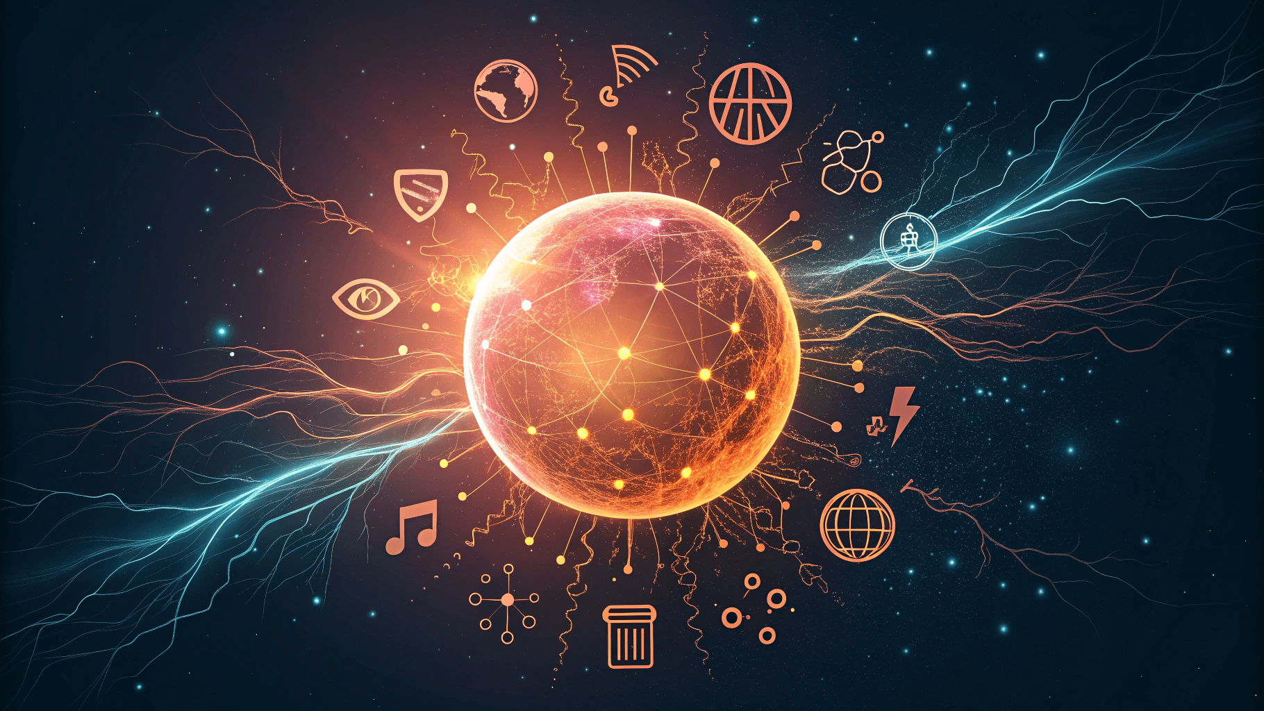 Абстрактная иллюстрация центральной сферы, испускающей потоки иконок