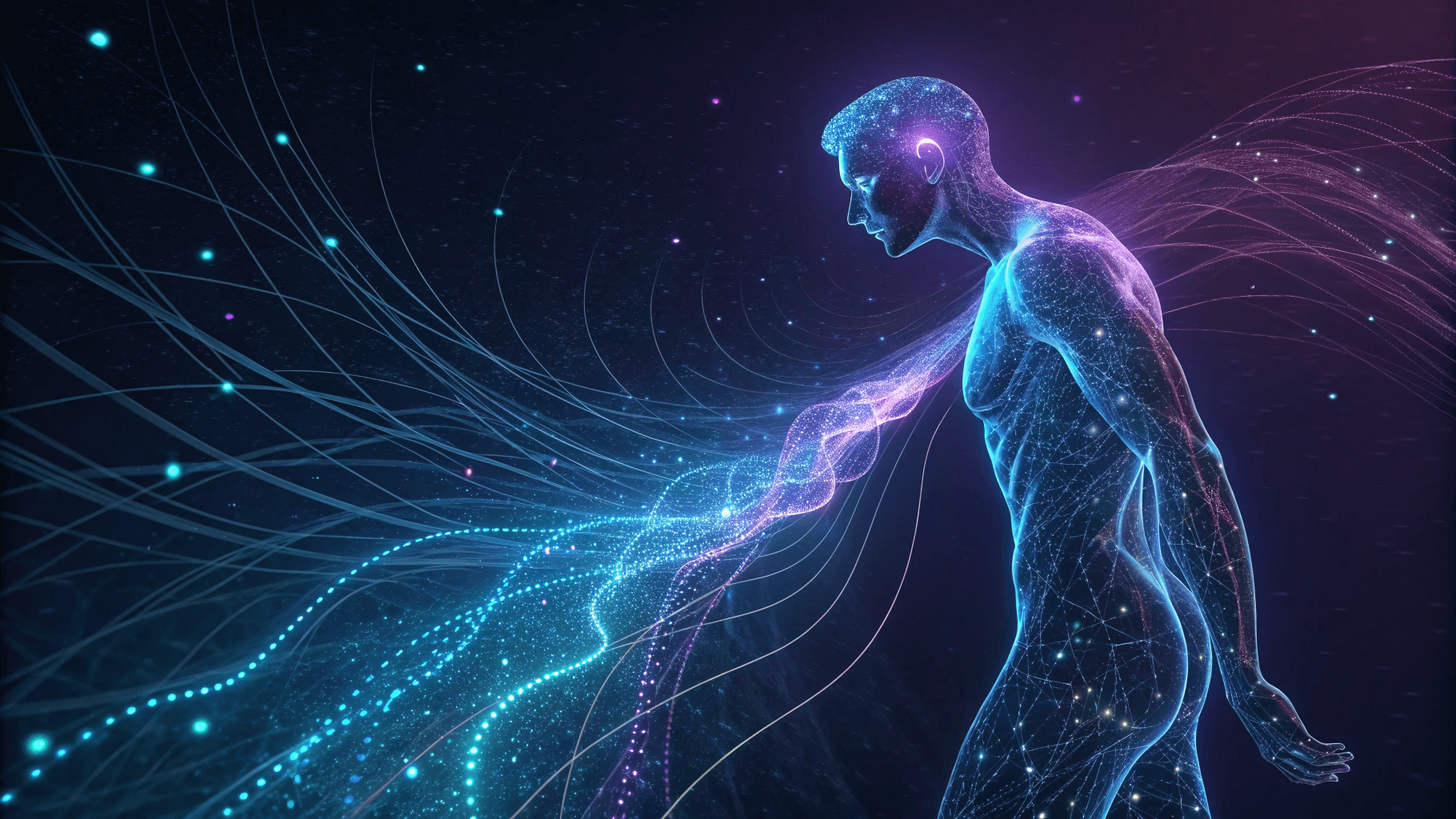 Абстрактная иллюстрация светящейся гуманоидной фигуры, взаимодействующей с потоками данных