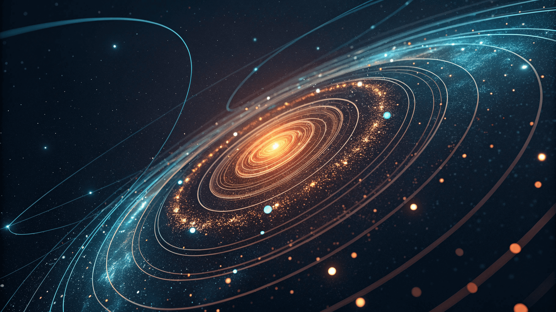 Абстрактная иллюстрация вихря из точек данных, втягивающегося в аналитическое ядро