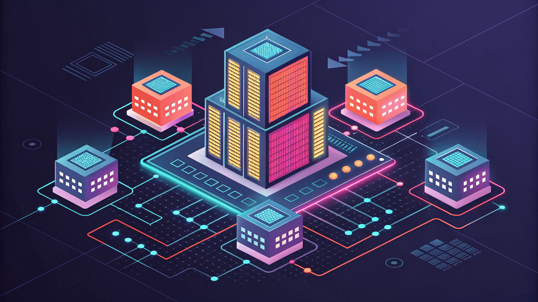 Абстрактная иллюстрация светящихся геометрических блоков, собирающихся в серверную структуру