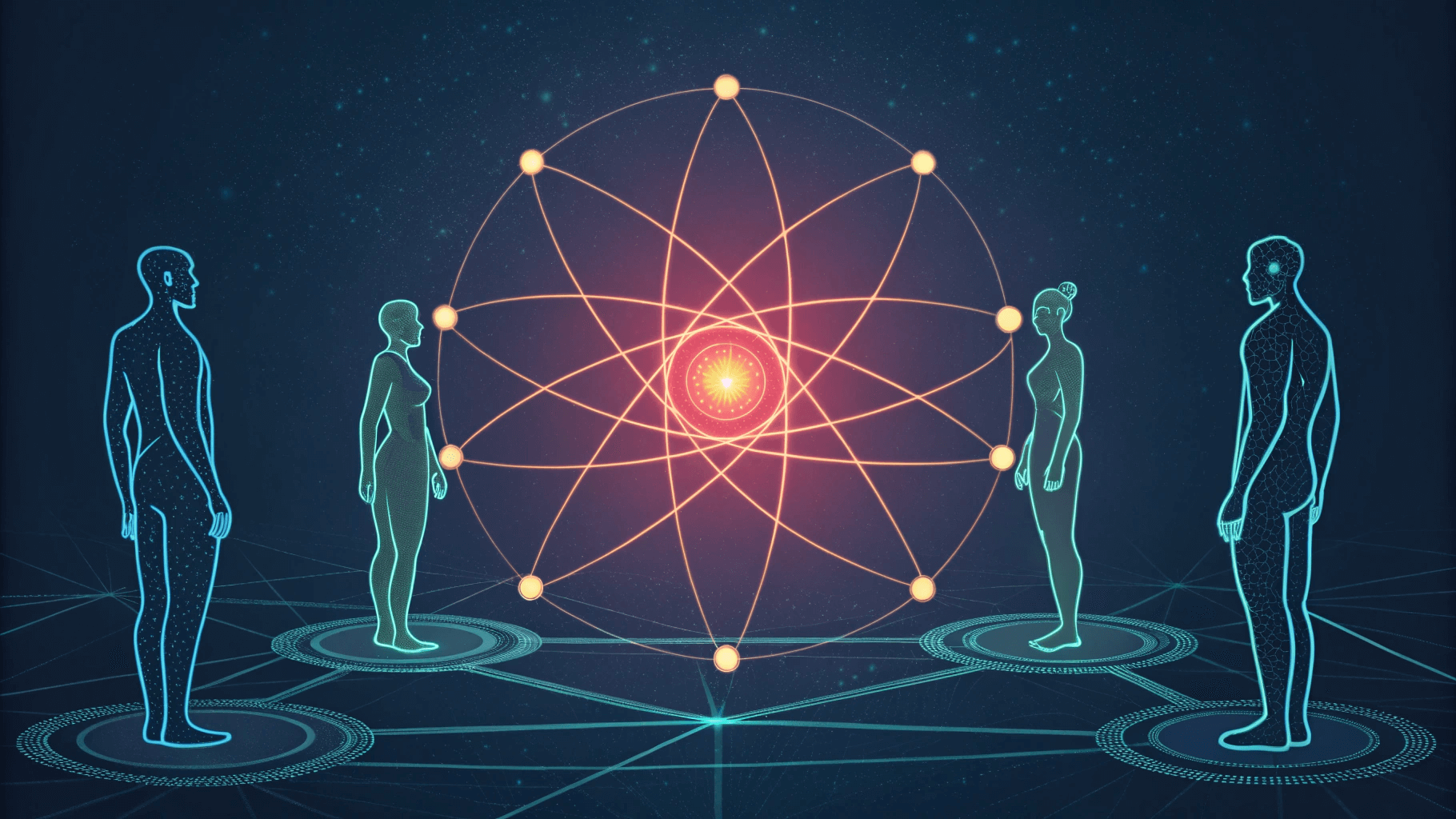 Абстрактная иллюстрация нескольких человеческих фигур, соединенных линиями света